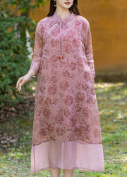 Pink Tassel Button Ramie Maxi Dress Long Sleeve