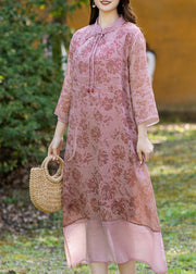 Pink Tassel Button Ramie Maxi Dress Long Sleeve