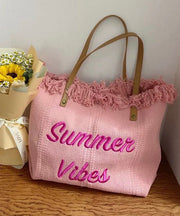 Pink Tassel Patchwork Letter Embroidery Canvas Tote Handbag