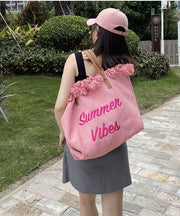 Pink Tassel Patchwork Letter Embroidery Canvas Tote Handbag