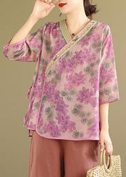 Pink Tie Waist Patchwork Shirt Summer