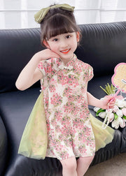 Pink Tulle Patchwork Button Kids Mid Dresses Short Sleeve