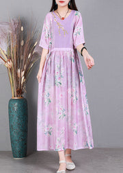 Pink V Neck  Embroideried Drawstring Tie Waist Silk Vacation Dresses Short Sleeve