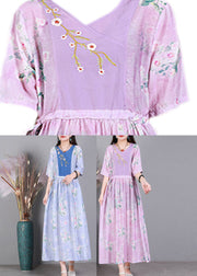 Pink V Neck  Embroideried Drawstring Tie Waist Silk Vacation Dresses Short Sleeve