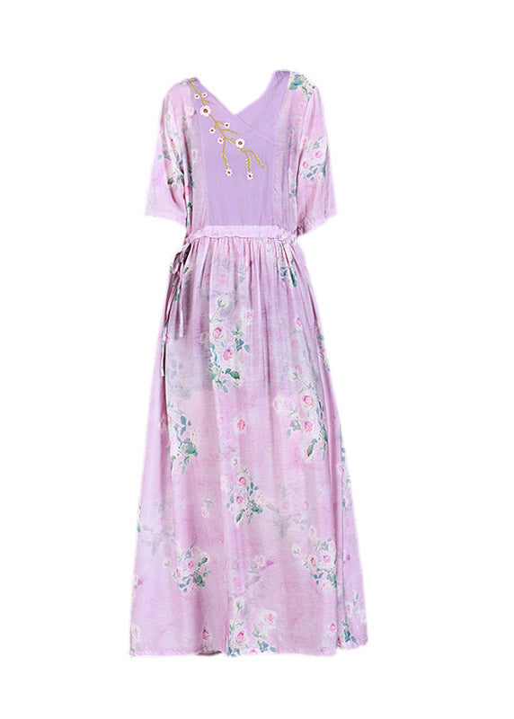 Pink V Neck  Embroideried Drawstring Tie Waist Silk Vacation Dresses Short Sleeve