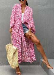 Pink V Neck Dot Tie Waist Cotton Maxi Beach Cardigans Long Sleeve