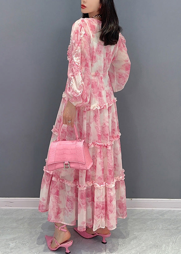 Pink V Neck Print Tie Waist Chiffon Long Dress Long Sleeve