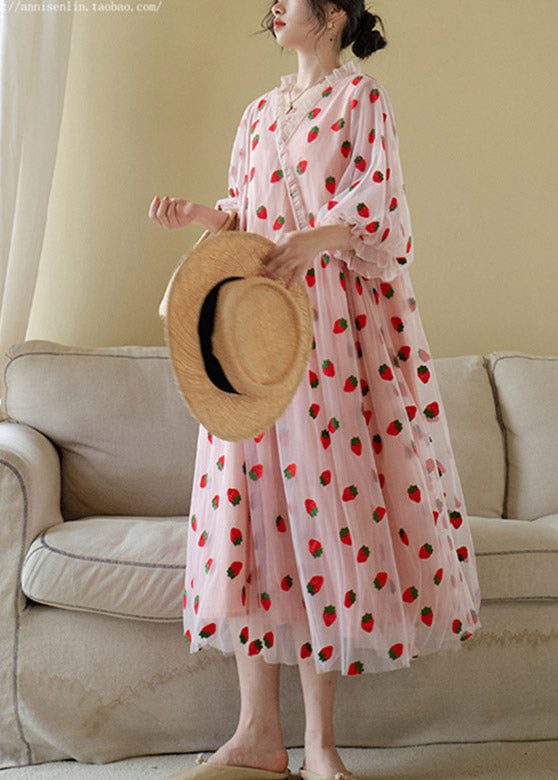 Pink V Neck Print Tulle Long Dress Short Sleeve