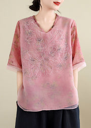 Pink V Neck Tulle Patchwork Shirts Short Sleeve
