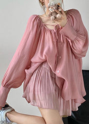 Pink Wrinkled Loose Cotton Blouse O Neck Spring