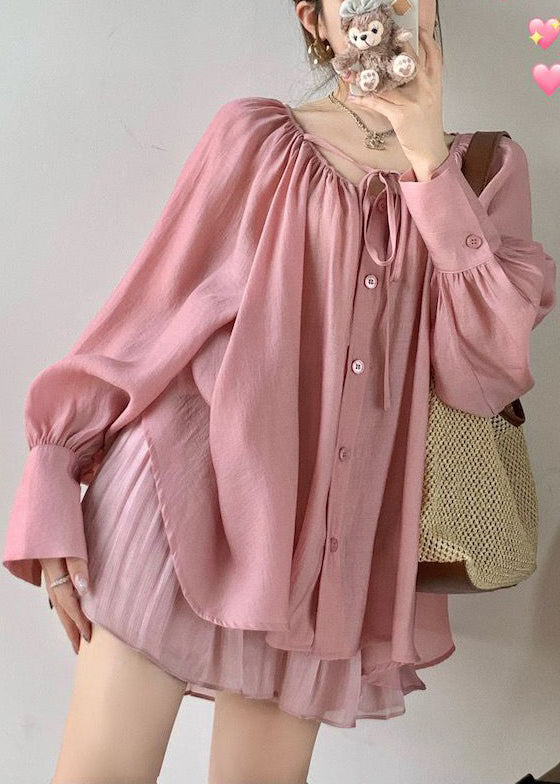 Pink Wrinkled Loose Cotton Blouse O Neck Spring