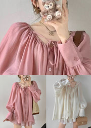 Pink Wrinkled Loose Cotton Blouse O Neck Spring