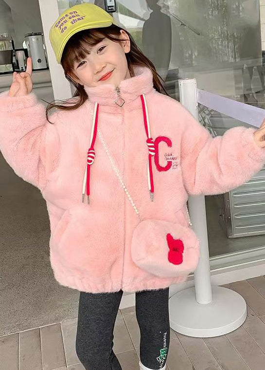 Pink Zip Up Pockets Patchwork Warm Fleece Girls Coats Stand Collar Long Sleeve