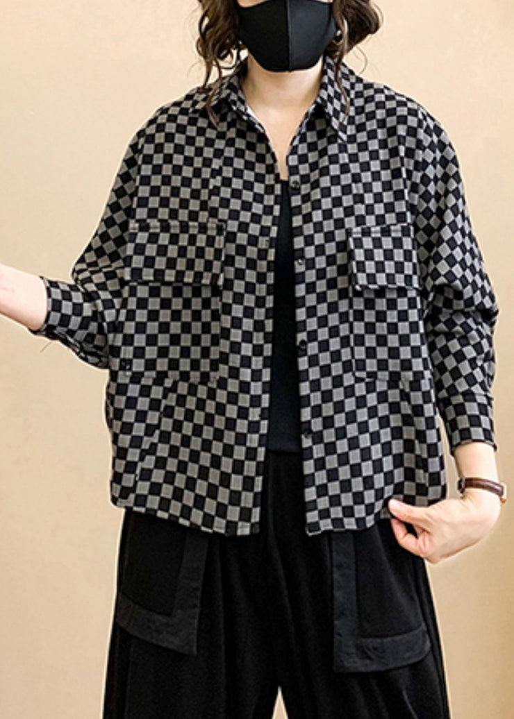 Plaid Print Patchwork Cotton Trench Peter Pan Collar Long Sleeve