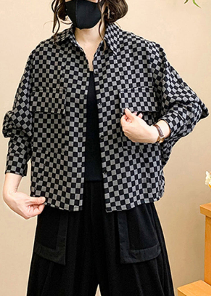 Plaid Print Patchwork Cotton Trench Peter Pan Collar Long Sleeve