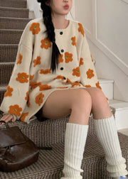 Plus Size Apricot Floral Cotton Knit Sweater Coats Long Sleeve