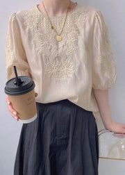 Plus Size Apricot O-Neck Embroideried Silk Blouse Top Half Sleeve