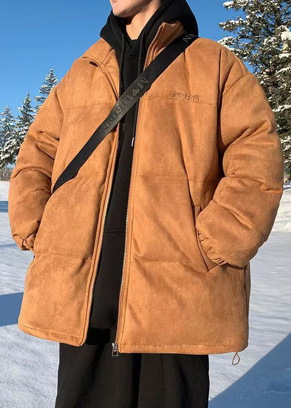 Plus Size Apricot Stand Collar Zip Up Pockets Men Parkas Winter