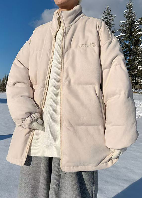 Plus Size Apricot Stand Collar Zip Up Pockets Men Parkas Winter