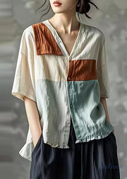 Plus Size Apricot V Neck Patchwork Linen Shirt Top Summer