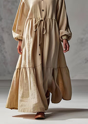 Plus Size Apricot V Neck Wrinkled Patchwork Cotton Long Dress Lantern Sleeve