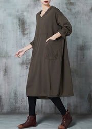 Plus Size Army Green Hooded Pockets Cotton Dress Spring