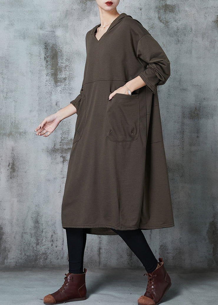 Plus Size Army Green Hooded Pockets Cotton Dress Spring