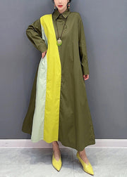 Plus Size Army Green Peter Pan Collar Patchwork Cotton Maxi Dresses Spring