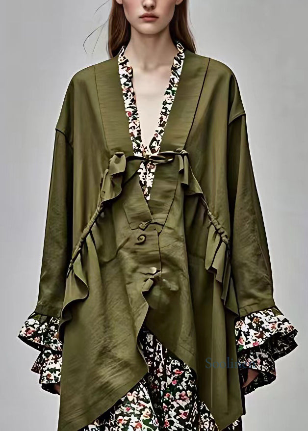 Plus Size Army Green V Neck Patchwork Tie Waist Coats Fall