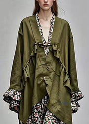 Plus Size Army Green V Neck Patchwork Tie Waist Coats Fall