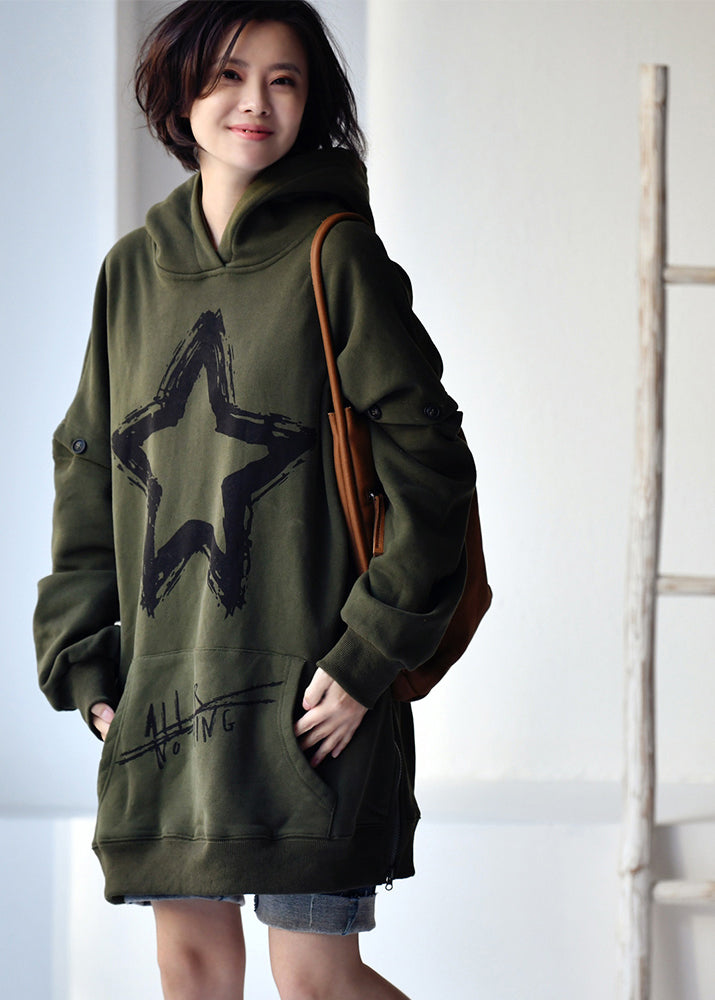 Plus Size Army Green Zippered Print Warm Fleece Hooded Sweatshirts Fall