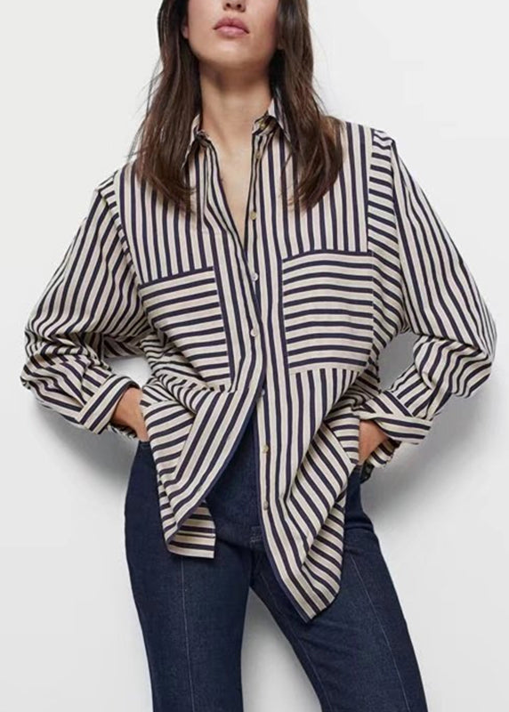 Plus Size Asymmetrical Striped Patchwork Shirts Spring