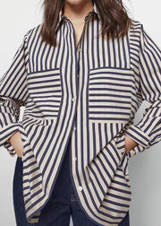 Plus Size Asymmetrical Striped Patchwork Shirts Spring