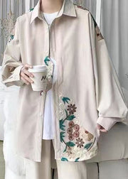 Plus Size Beige Embroidered Button Cotton Neutral Coats Spring