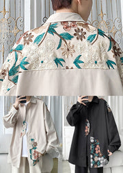 Plus Size Beige Embroidered Button Cotton Neutral Coats Spring