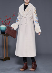 Plus Size Beige Fur Collar Embroideried Double Breast Woolen Trench Winter