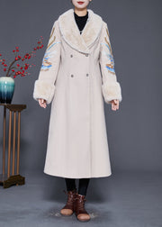 Plus Size Beige Fur Collar Embroideried Double Breast Woolen Trench Winter