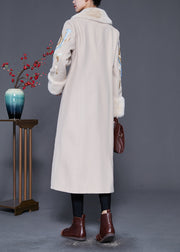 Plus Size Beige Fur Collar Embroideried Double Breast Woolen Trench Winter