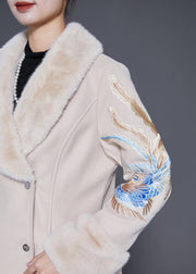 Plus Size Beige Fur Collar Embroideried Double Breast Woolen Trench Winter