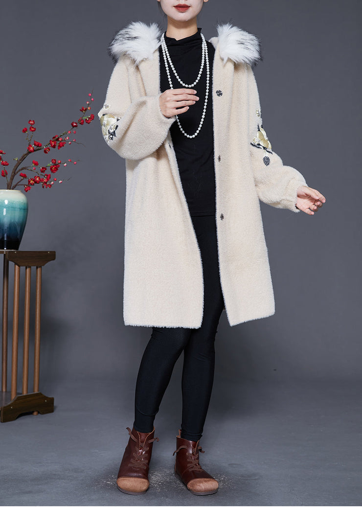 Plus Size Beige Fur Collar Embroideried Faux Fur Trench Winter