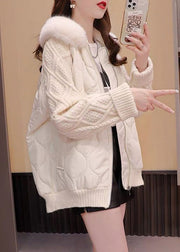 Plus Size Beige Fur Collar Knit Patchwork Parka Winter