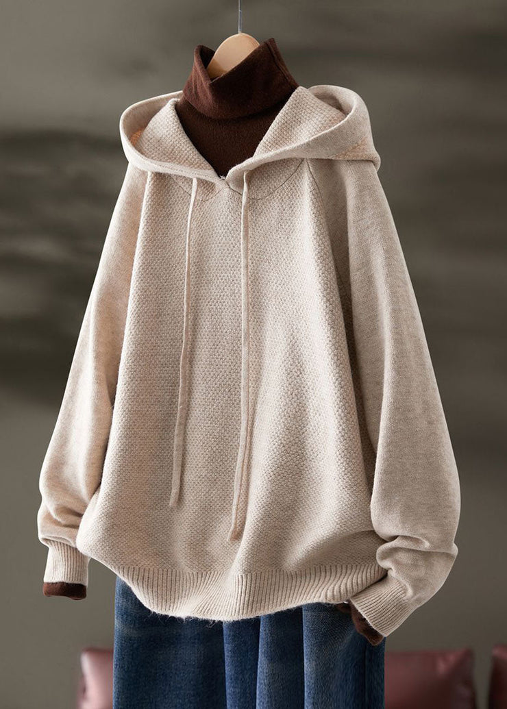 Plus Size Beige Hooded Drawstring Knit Sweatshirts Top Spring