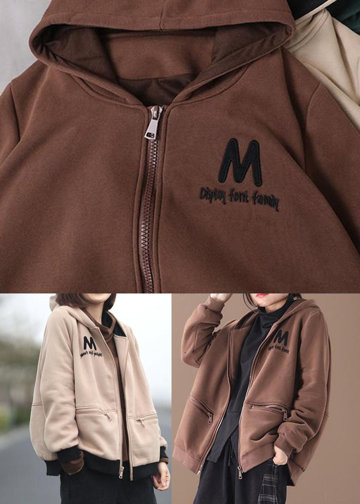 Plus Size Beige Hooded Embroideried Warm Fleece Jacket Winter