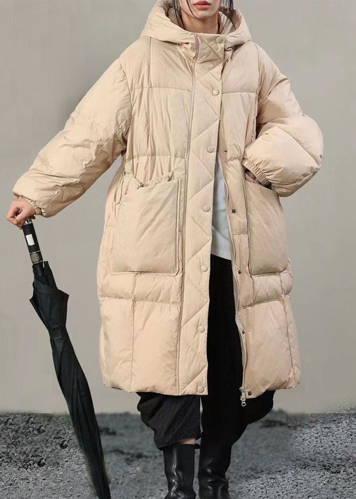 Plus Size Beige Hooded Solid Pockets Duck Down Winter Coats