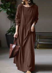 Plus Size Beige O Neck Wrinkled Patchwork Cotton Maxi Dress Spring