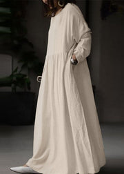 Plus Size Beige O Neck Wrinkled Patchwork Cotton Maxi Dress Spring