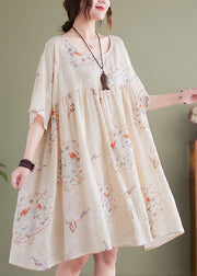 Plus Size Beige O-Neck Wrinkled Print Cotton Mid Dress Short Sleeve