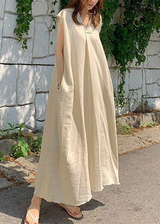 Plus Size Beige Peter Pan Collar Solid Long Dress Summer