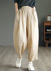 Plus Size Beige Pockets Wrinkled Linen Pants Summer