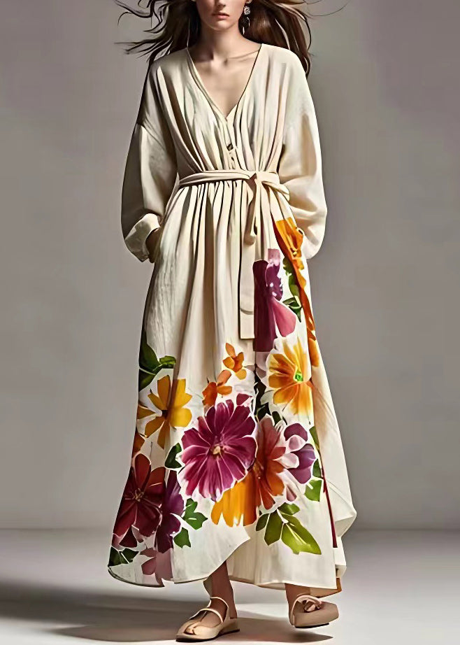 Plus Size Beige Print Pockets Tie Waist Cotton Long Dresses Fall